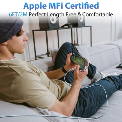 90 degree iPhone Charger Cable 6Ft, 180° Swivel Lightning Cord, Long USB to Lightning Cable for Mobile Gamers,TikTok, Sofa & Car Fast Charging,Tangle-Free, Durable Nylon for iPhone 14/13/12/11/SE in Kuwait