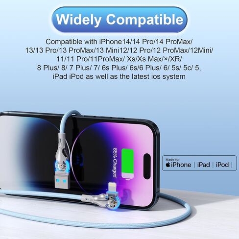 90 degree iPhone Charger Cable 6Ft, 180° Swivel Lightning Cord, Long USB to Lightning Cable for Mobile Gamers,TikTok, Sofa & Car Fast Charging,Tangle-Free, Durable Nylon for iPhone 14/13/12/11/SE in Kuwait
