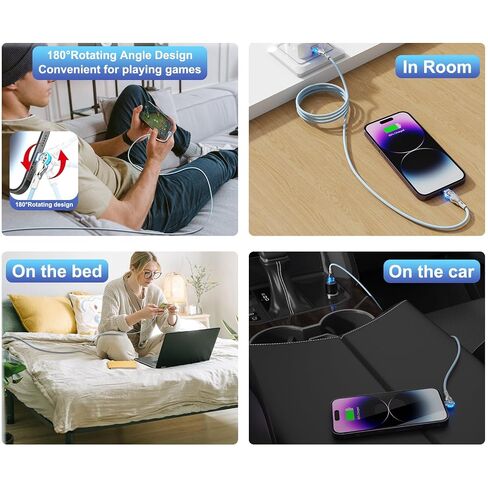 90 degree iPhone Charger Cable 6Ft, 180° Swivel Lightning Cord, Long USB to Lightning Cable for Mobile Gamers,TikTok, Sofa & Car Fast Charging,Tangle-Free, Durable Nylon for iPhone 14/13/12/11/SE in Kuwait