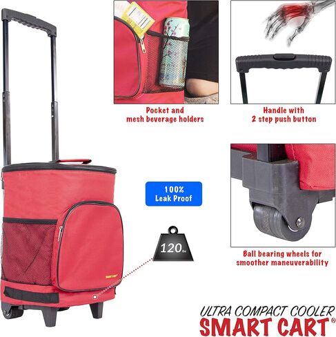 dbest products Ultra Compact Cooler Smart Cart, Red Insulated Collapsible Rolling Tailgate BBQ Beach Summer in Kuwait