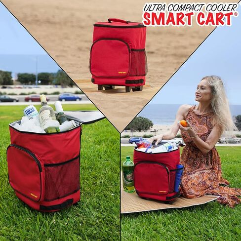 dbest products Ultra Compact Cooler Smart Cart, Red Insulated Collapsible Rolling Tailgate BBQ Beach Summer in Kuwait