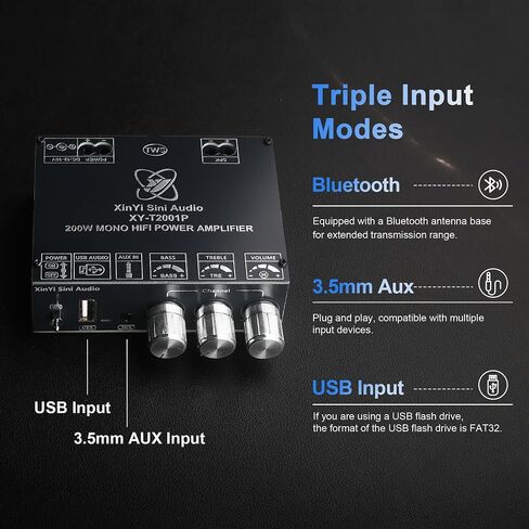 XY-T2001P Mono Amplifier Board with TWS, 200W Power Output, Vehicle Amplifier Wide Voltage Input 12-30V, Supports USB/AUX/Bluetooth in Kuwait