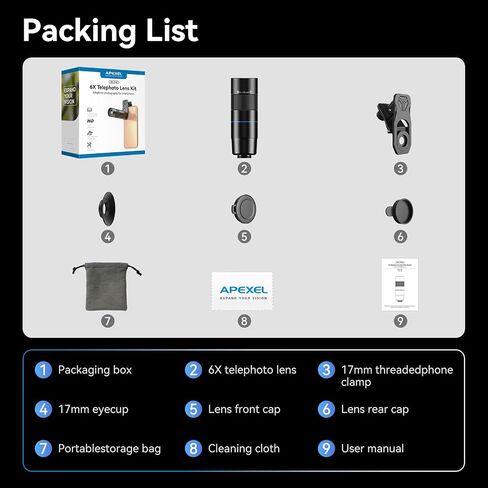 APEXEL 6X Telephoto Lens for iPhone – 144mm Equivalent, Universal Clip in Kuwait