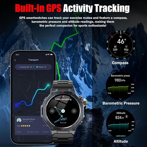 Military Smart Watch for Men with Dual-Band GPS, 5ATM Waterproof, 1.43" AMOLED Fitness Watch, Heart Rate Blood Oxygen Sleep Monitor, 160+ Sport, Bluetooth Calling Smartwatch for Hiking Running Outdoor in Kuwait