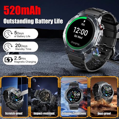 Military Smart Watch for Men with Dual-Band GPS, 5ATM Waterproof, 1.43" AMOLED Fitness Watch, Heart Rate Blood Oxygen Sleep Monitor, 160+ Sport, Bluetooth Calling Smartwatch for Hiking Running Outdoor in Kuwait