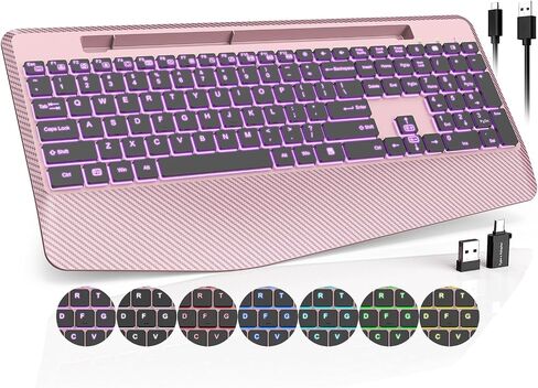 Wireless Keyboard, 7 Colored Backlits, Wrist Rest, Phone Holder-Large Print in Kuwait
