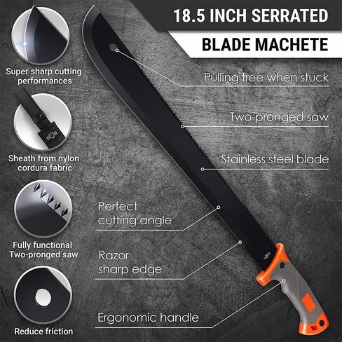 Bundle of 2 Items - 18,5 Inch Serrated Blade Machete with Nylon Sheath - Saw Blade Machetes with Non-Slip Rubber Handle - Best EDC Survival Camping Hiking Military Tool Sharp Belt Boot Knives - Gifts in Kuwait