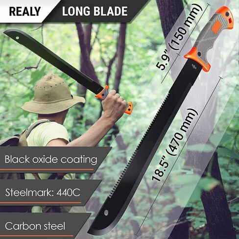 Bundle of 2 Items - 18,5 Inch Serrated Blade Machete with Nylon Sheath - Saw Blade Machetes with Non-Slip Rubber Handle - Best EDC Survival Camping Hiking Military Tool Sharp Belt Boot Knives - Gifts in Kuwait