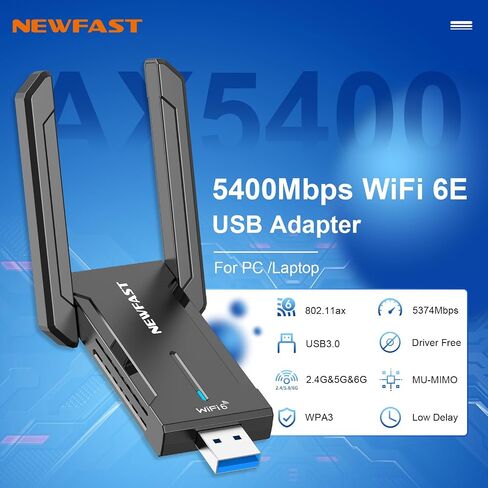 NEWFAST AXE5400 USB WiFi 6 Adapter for Desktop PC NF-U353, Tri-Band Wireless Network Adapter for Desktop, 6GHz/5GHz/2.4GHz Wireless Network Transceiver USB WiFi Dongle for Windows 11/10 in Kuwait