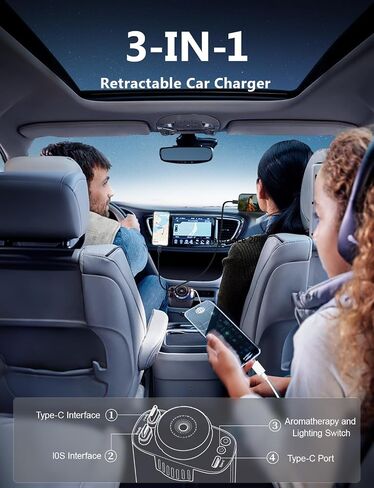 Starlight Retractable Car Charger with Car Aromatherapy Essential Oil Diffuser, Starlight in Car Roof 5 in 1 Fast, 2 Retractable Cables and USB C Car Charger Adapter,Compatible with iPhone 17 12 in Kuwait