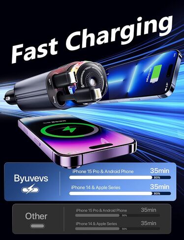 Starlight Retractable Car Charger with Car Aromatherapy Essential Oil Diffuser, Starlight in Car Roof 5 in 1 Fast, 2 Retractable Cables and USB C Car Charger Adapter,Compatible with iPhone 17 12 in Kuwait