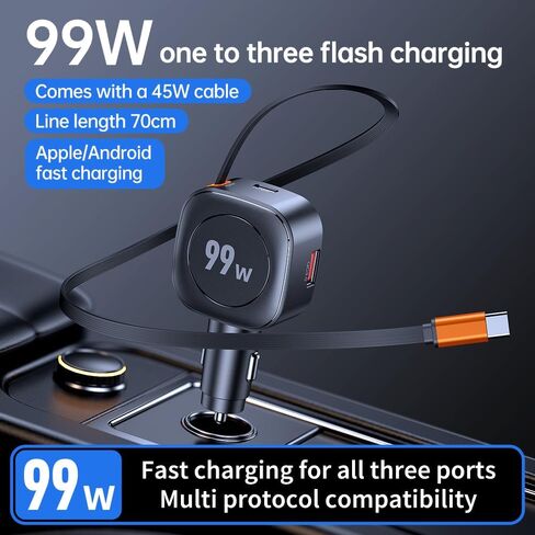 FMIIFMS Retractable Car Charger, 99W USB C Car Charger Adapter, 3-in-1 Multi Port Fast Charging Car Accessories Compatible with iPhone 17/16/15 Series in Kuwait