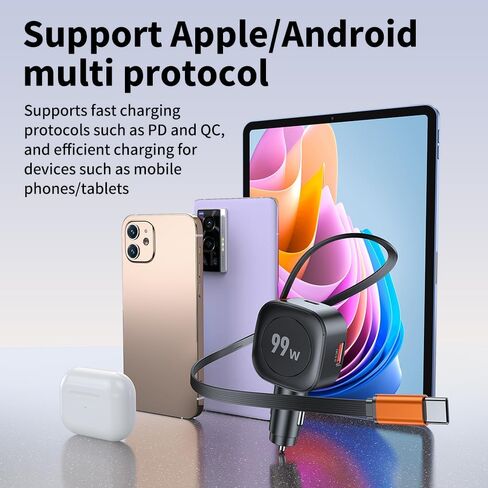 FMIIFMS Retractable Car Charger, 99W USB C Car Charger Adapter, 3-in-1 Multi Port Fast Charging Car Accessories Compatible with iPhone 17/16/15 Series in Kuwait
