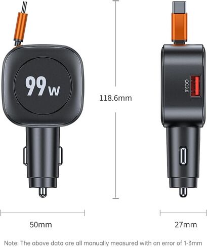 FMIIFMS Retractable Car Charger, 99W USB C Car Charger Adapter, 3-in-1 Multi Port Fast Charging Car Accessories Compatible with iPhone 17/16/15 Series in Kuwait