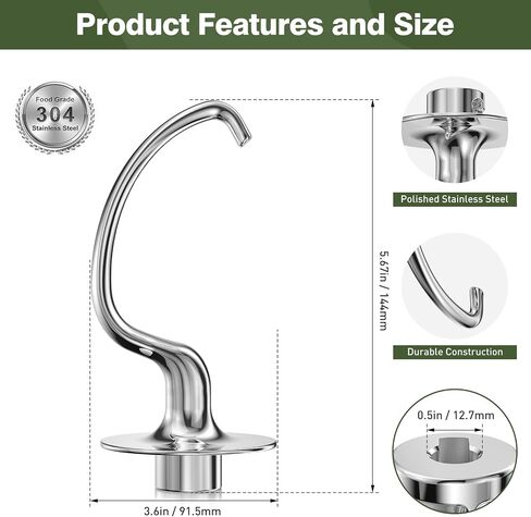 Stainless Steel Dough Hook 4.5-5QT for KitchenAid Stand Mixer, Kitchen Aid Attachment Accessories/No coating/Dishwasher Safe Replacement for K45, K45SS and Other Models in Kuwait