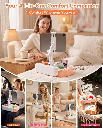 Tablet Pillow Stand for Bed and Lap, 360° Adjustable iPad Holder with Detachable Snack Tray, Hands-Free Stand Compatible with 5.4-8.8" Tablets, Kindle, iPhone, Switch - Pink in Kuwait
