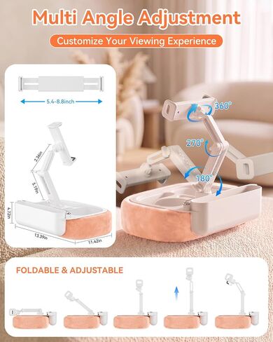 Tablet Pillow Stand for Bed and Lap, 360° Adjustable iPad Holder with Detachable Snack Tray, Hands-Free Stand Compatible with 5.4-8.8" Tablets, Kindle, iPhone, Switch - Pink in Kuwait