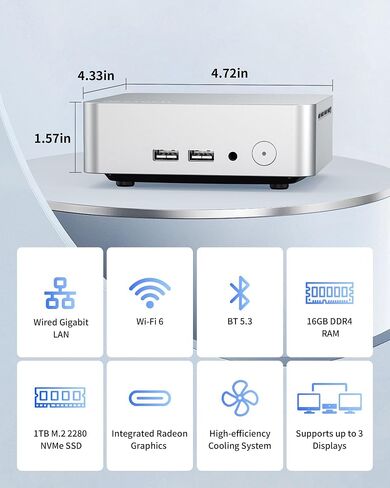 Getorli Mini PC AMD Ryzen 5 3550H (Max 3.7GHz), 16G DDR4 1TB NVMe SSD Mini Computers, Triple 4K Display Mini Desktop Computer, WiFi 6 Bluetooth 5.3, Dual HDMI Type-C, Small PC for Office, Home, HTPC in Kuwait