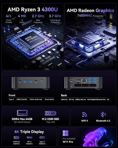 ACEMAGIC K1 Mini PC, AMD Ryzen 4300U 28W Processor, 16GB DDR4 RAM 512GB SSD (Beat 3300U/N150/N97) Mini Computers 11 Pro, HDMI+DP1.4 Dual 4K UHD, Gigabit Ethernet Mini Desktop PC Black in Kuwait