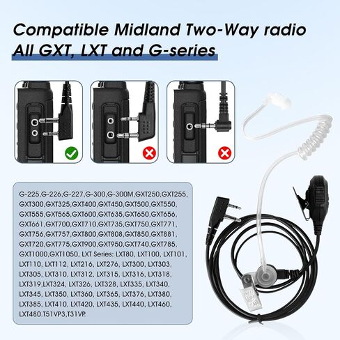 2 Pack Earpiece for Midland Radios – Acoustic Tube Surveillance Headset with PTT & Adjustable VOX Function, Compatible with Midland GXT, LXT, and G-Series Walkie Talkies in Kuwait