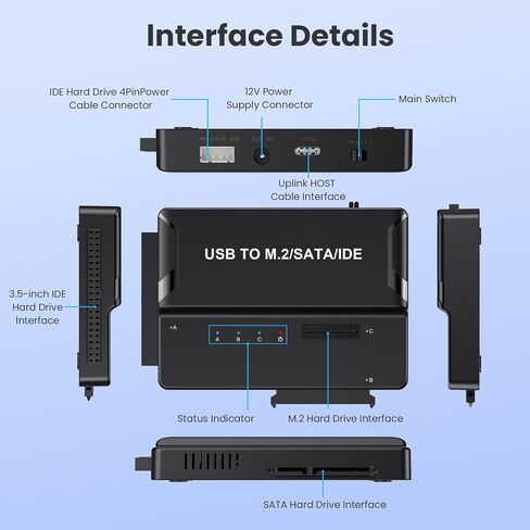 3-in-1 External SSD Enclosure for NVMe M.2 SATA/IDE 2.5"/3.5" HDD - Tool-Free USB 3.2 Gen 2 (10Gbps) Type-C Hard Drive Adapter for 2230/2242/2260/2280 & 3.5" IDE Drives in Kuwait
