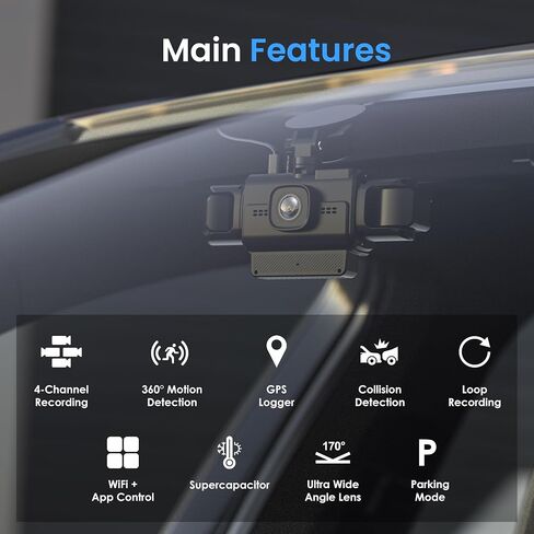 RexingUSA R4-RD 4-Channel Dash Cam, Front Rear and Dual Side 1080p Cameras, 360° Parking Monitor, Wi-Fi GPS, IR Night Vision, App Control, Type-C Power, OBD Hardwire Kit Included in Kuwait