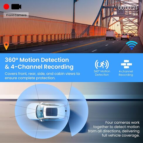RexingUSA R4-RD 4-Channel Dash Cam, Front Rear and Dual Side 1080p Cameras, 360° Parking Monitor, Wi-Fi GPS, IR Night Vision, App Control, Type-C Power, OBD Hardwire Kit Included in Kuwait
