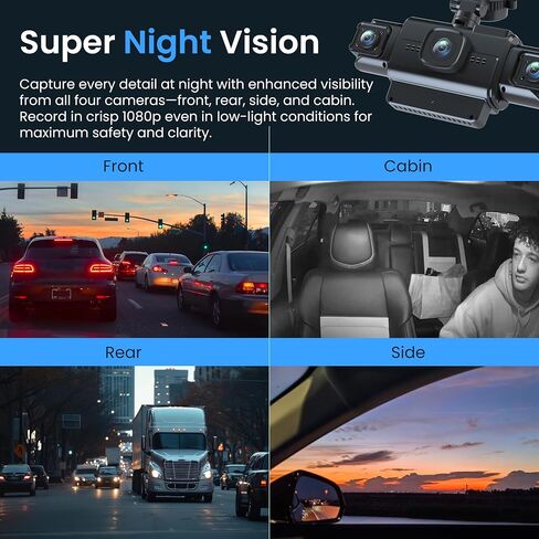 RexingUSA R4-RD 4-Channel Dash Cam, Front Rear and Dual Side 1080p Cameras, 360° Parking Monitor, Wi-Fi GPS, IR Night Vision, App Control, Type-C Power, OBD Hardwire Kit Included in Kuwait