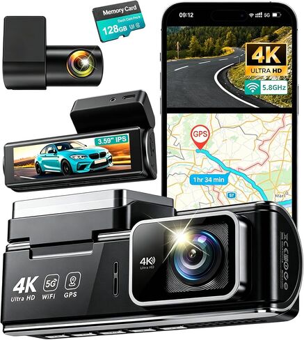 4K Dual Dash Cam Front and Rear - 5.8G WiFi GPS with 128GB SD Card in Saudi Arabia