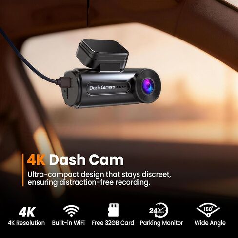 4K Dash Cam Front with Built-in WiFi, Dash Camera for Cars, 32GB Card Included, Super Night Vision Dash Camera, Loop Recording Car Camera, G-Sensor, 24H Parking Monitor, Supports Up to 256GB in Saudi Arabia