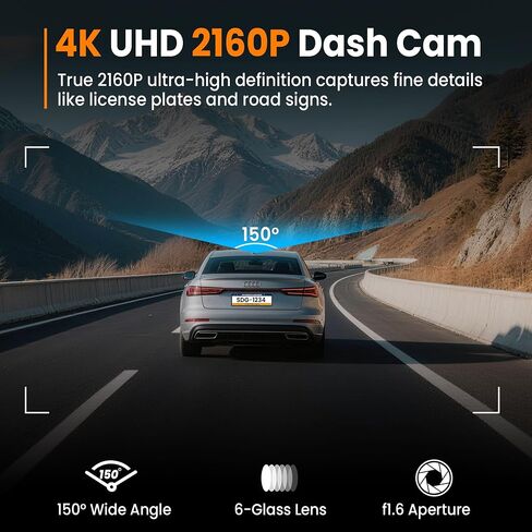 4K Dash Cam Front with Built-in WiFi, Dash Camera for Cars, 32GB Card Included, Super Night Vision Dash Camera, Loop Recording Car Camera, G-Sensor, 24H Parking Monitor, Supports Up to 256GB in Saudi Arabia