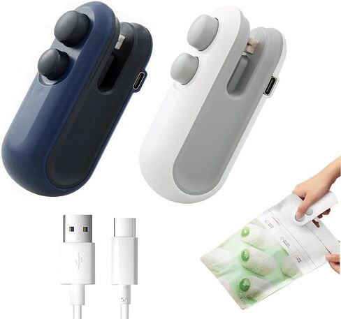 Mini Bag Sealer 2 Pack Bag Sealer with Cutter and Magnet 2 in 1 Mini Bag Resealer Machine Portable Handheld Rechargeable Heat Vacuum Food Sealer for Plastic Bags Snacks & Food Storage (2, white＆blue) in Saudi Arabia