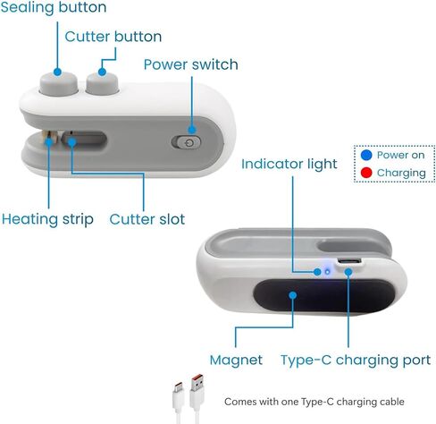 Mini Bag Sealer 2 Pack Bag Sealer with Cutter and Magnet 2 in 1 Mini Bag Resealer Machine Portable Handheld Rechargeable Heat Vacuum Food Sealer for Plastic Bags Snacks & Food Storage (2, white＆blue) in Saudi Arabia
