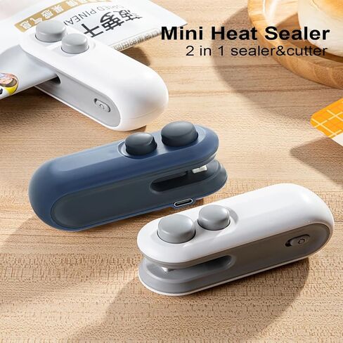 Mini Bag Sealer 2 Pack Bag Sealer with Cutter and Magnet 2 in 1 Mini Bag Resealer Machine Portable Handheld Rechargeable Heat Vacuum Food Sealer for Plastic Bags Snacks & Food Storage (2, white＆blue) in Saudi Arabia