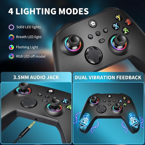 vaomon Wireless Controller Compatible With Xbox One, Xbox Series X/S, Xbox One X/S, PC, With RGB LED Light, Mappable Buttons, 3.5mm Headphone Jack, With 2.4GHZ Wireless Adapter Gamepad Dark Black in Kuwait