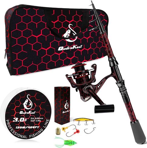 QudraKast Fishing Rod and Reel Combos - High Precision Machined Pattern Telescopic Fishing Pole and 12+1 Full Metal Ultra Smooth Spinning Reel Combos with Carrier Bag 1.8 M in Kuwait