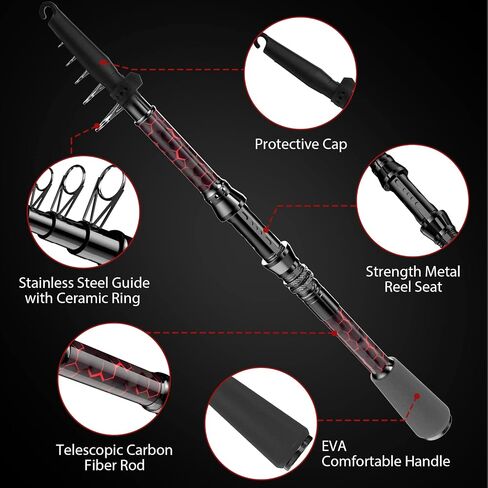 QudraKast Fishing Rod and Reel Combos - High Precision Machined Pattern Telescopic Fishing Pole and 12+1 Full Metal Ultra Smooth Spinning Reel Combos with Carrier Bag 1.8 M in Kuwait