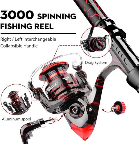 QudraKast Fishing Rod and Reel Combos - High Precision Machined Pattern Telescopic Fishing Pole and 12+1 Full Metal Ultra Smooth Spinning Reel Combos with Carrier Bag 1.8 M in Kuwait