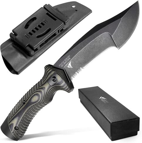 ZUNE LOTOO Full Tang Fixed Blade Tactical Knife for Men, 9.4" Bowie Knife with Kydex Sheath & G10 Handle, 8Cr14mov Survival Hunting Knives for Bushcraft Camping Outdoor Skinning in Kuwait