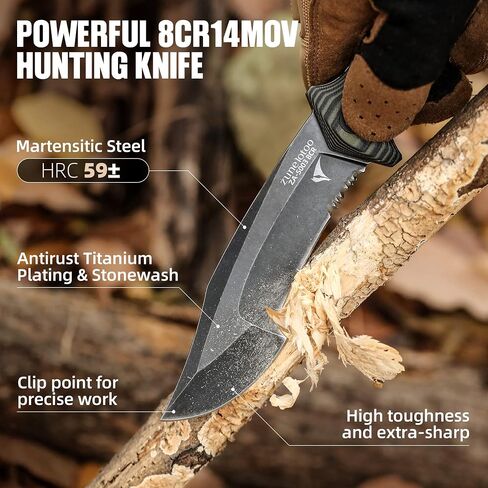 ZUNE LOTOO Full Tang Fixed Blade Tactical Knife for Men, 9.4" Bowie Knife with Kydex Sheath & G10 Handle, 8Cr14mov Survival Hunting Knives for Bushcraft Camping Outdoor Skinning in Kuwait