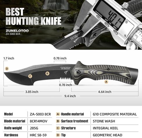 ZUNE LOTOO Full Tang Fixed Blade Tactical Knife for Men, 9.4" Bowie Knife with Kydex Sheath & G10 Handle, 8Cr14mov Survival Hunting Knives for Bushcraft Camping Outdoor Skinning in Kuwait