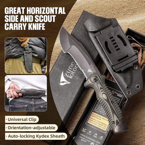 ZUNE LOTOO Full Tang Fixed Blade Tactical Knife for Men, 9.4" Bowie Knife with Kydex Sheath & G10 Handle, 8Cr14mov Survival Hunting Knives for Bushcraft Camping Outdoor Skinning in Kuwait