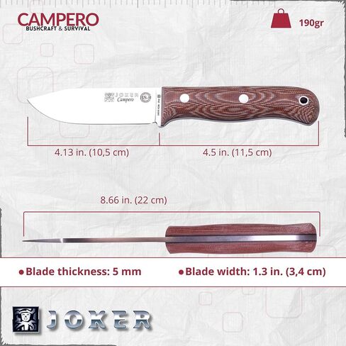 Joker BS9 Campero CM112 Bushcraft Knife, 4.13 in Sandvik 14C28N Fixed Blade, Canvas Micarta Handle, Brown Leather Sheath, Camp Craft Knife for Camping, Hiking, Hunting and Survival in Kuwait