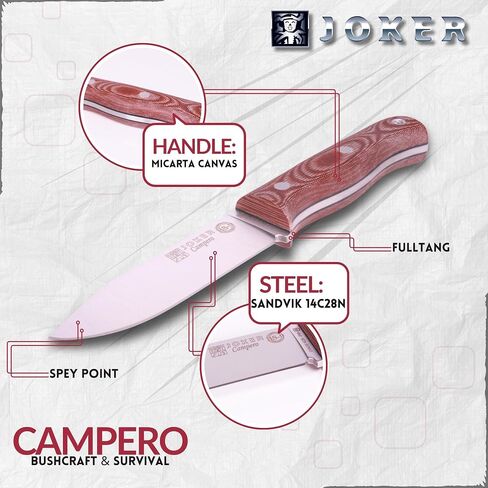 Joker BS9 Campero CM112 Bushcraft Knife, 4.13 in Sandvik 14C28N Fixed Blade, Canvas Micarta Handle, Brown Leather Sheath, Camp Craft Knife for Camping, Hiking, Hunting and Survival in Kuwait