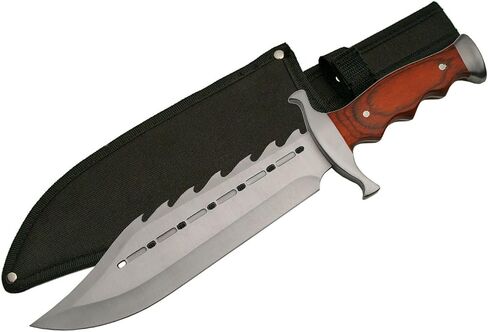 SZCO 15" Gator Back Bowie Knife with Sheath - Fixed Blade Hunting Knife for Men with Sawback Stainless Steel Blade, Red Wood Handle & Nylon Sheath - Outdoor Hunting Knives for Men in Saudi Arabia