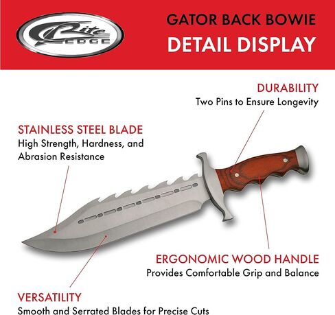 SZCO 15" Gator Back Bowie Knife with Sheath - Fixed Blade Hunting Knife for Men with Sawback Stainless Steel Blade, Red Wood Handle & Nylon Sheath - Outdoor Hunting Knives for Men in Saudi Arabia