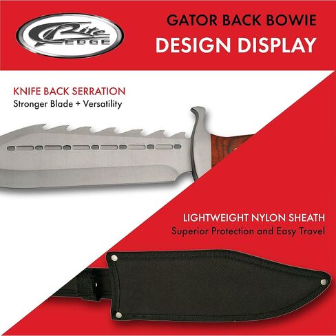SZCO 15" Gator Back Bowie Knife with Sheath - Fixed Blade Hunting Knife for Men with Sawback Stainless Steel Blade, Red Wood Handle & Nylon Sheath - Outdoor Hunting Knives for Men in Saudi Arabia