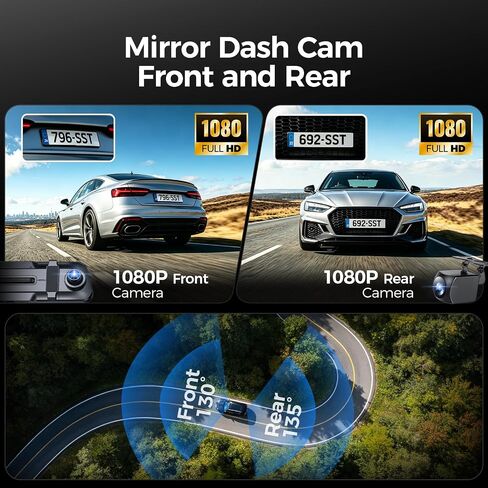 Mirror Dash Cam,Rear View Mirror Camera 10'', 1080P FHD Full Touch Screen Dash Cam Front and RearCam with Night Vision, Streaming Media 170°Wide Angle Parking Assistance Free 32GB Card in Saudi Arabia