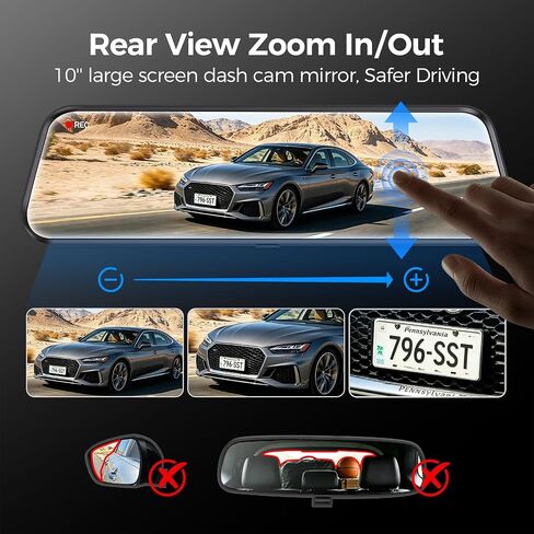 Mirror Dash Cam,Rear View Mirror Camera 10'', 1080P FHD Full Touch Screen Dash Cam Front and RearCam with Night Vision, Streaming Media 170°Wide Angle Parking Assistance Free 32GB Card in Saudi Arabia
