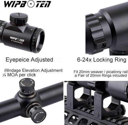 WIPBOTE 6-24x50 Illuminated Rifle Scope with 20mm Picatinny Rail Mount for Rifle Hunting - Red Green Reticle in Kuwait